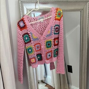 Cotton Emporium Pink Crochet Cardigan with Multicolor Squares